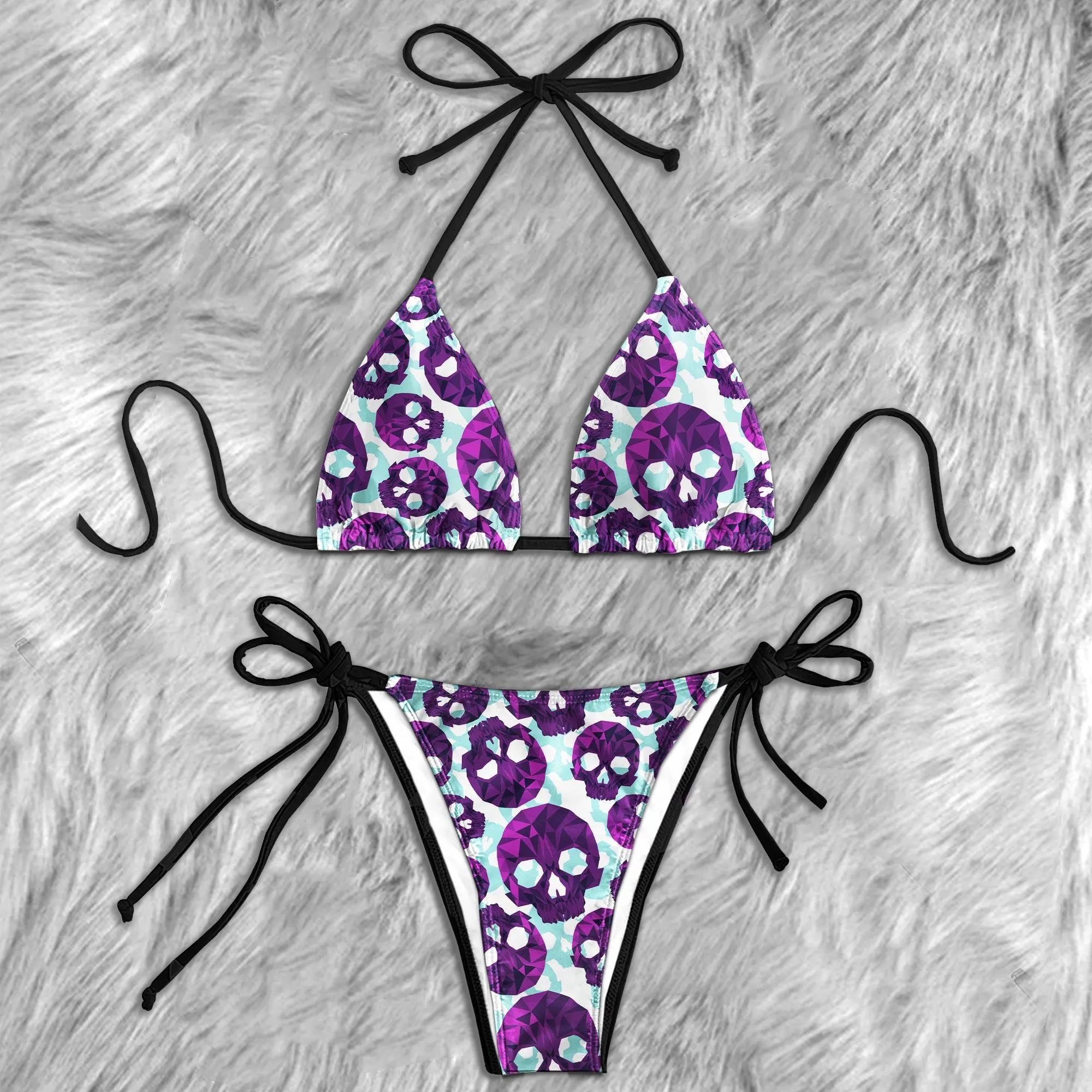 Pastel Violet Blue Skull Pattern Micro Triangle Bikini Swimsuit