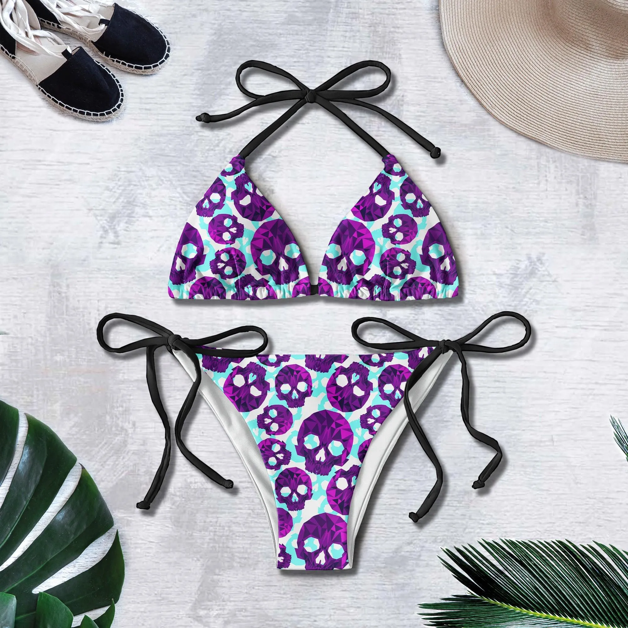 Pastel Violet Blue Skull Pattern Micro Triangle Bikini Swimsuit