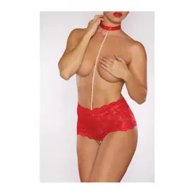 Posh & Spicy Crotchless Panty w/ Choker & Pearls - Red - One Size
