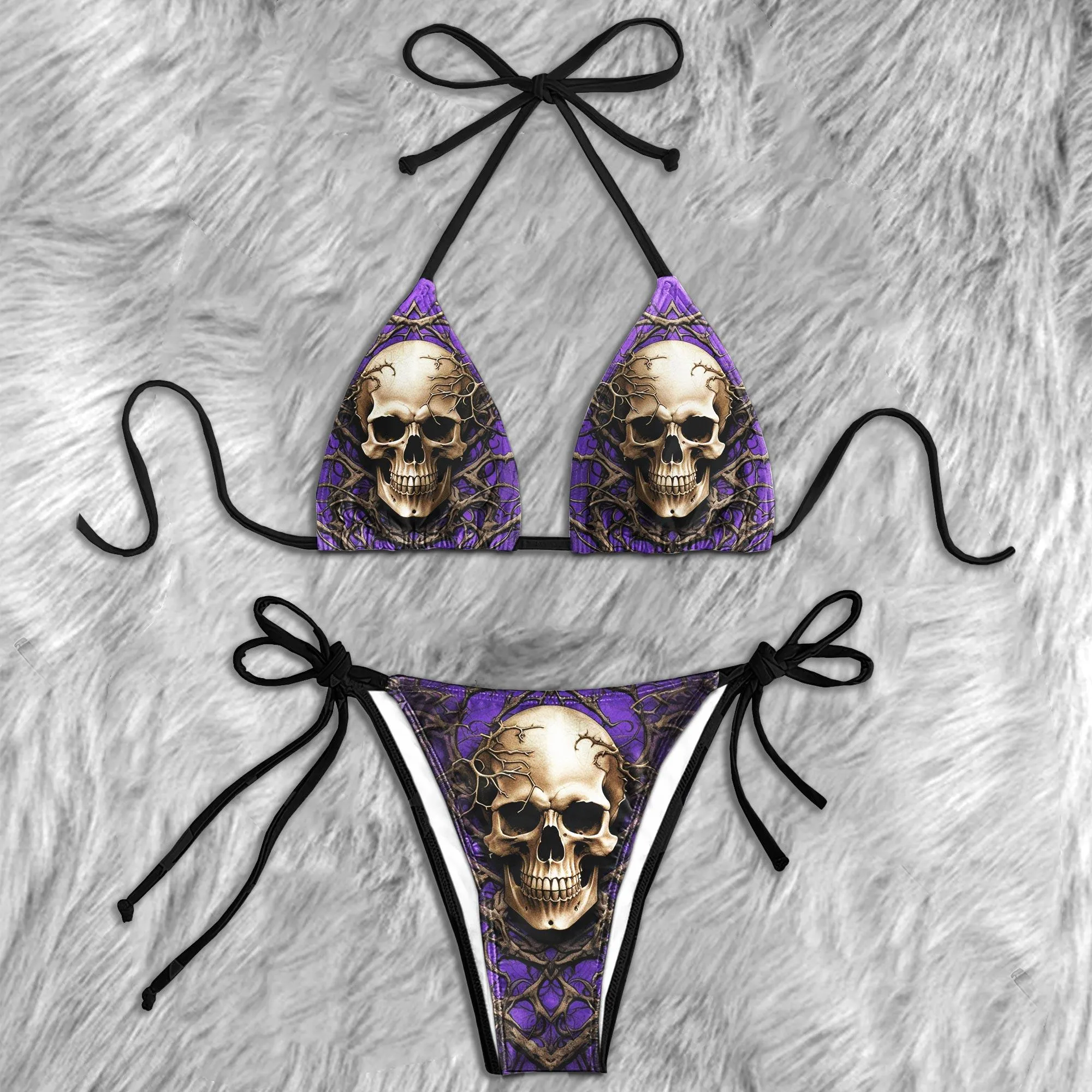 Purple Roots Skull Micro Triangle Bikini Swimsuit