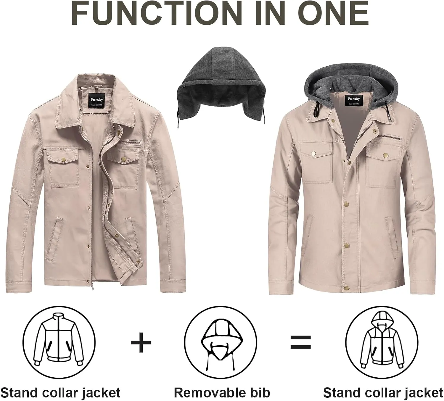 Pursky Men's Canvas Cotton Military Casual Field Jacket Outerwear With Removable Hood