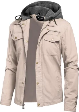 Pursky Men's Canvas Cotton Military Casual Field Jacket Outerwear With Removable Hood