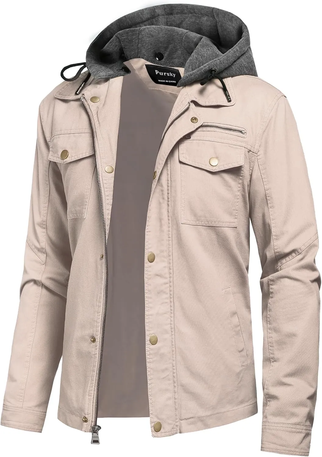 Pursky Men's Canvas Cotton Military Casual Field Jacket Outerwear With Removable Hood