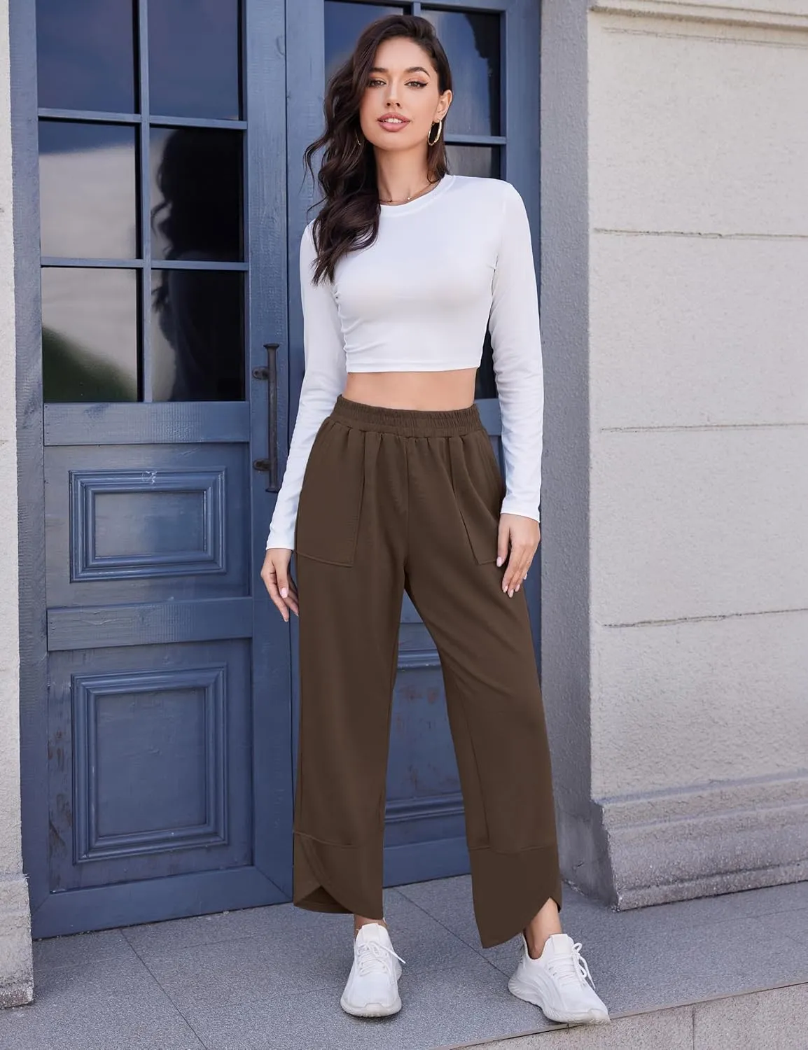 Quenteen Womens Wide Leg Pants Elastic Waisted Cropped Casual Pants with Pockets Harem Pants