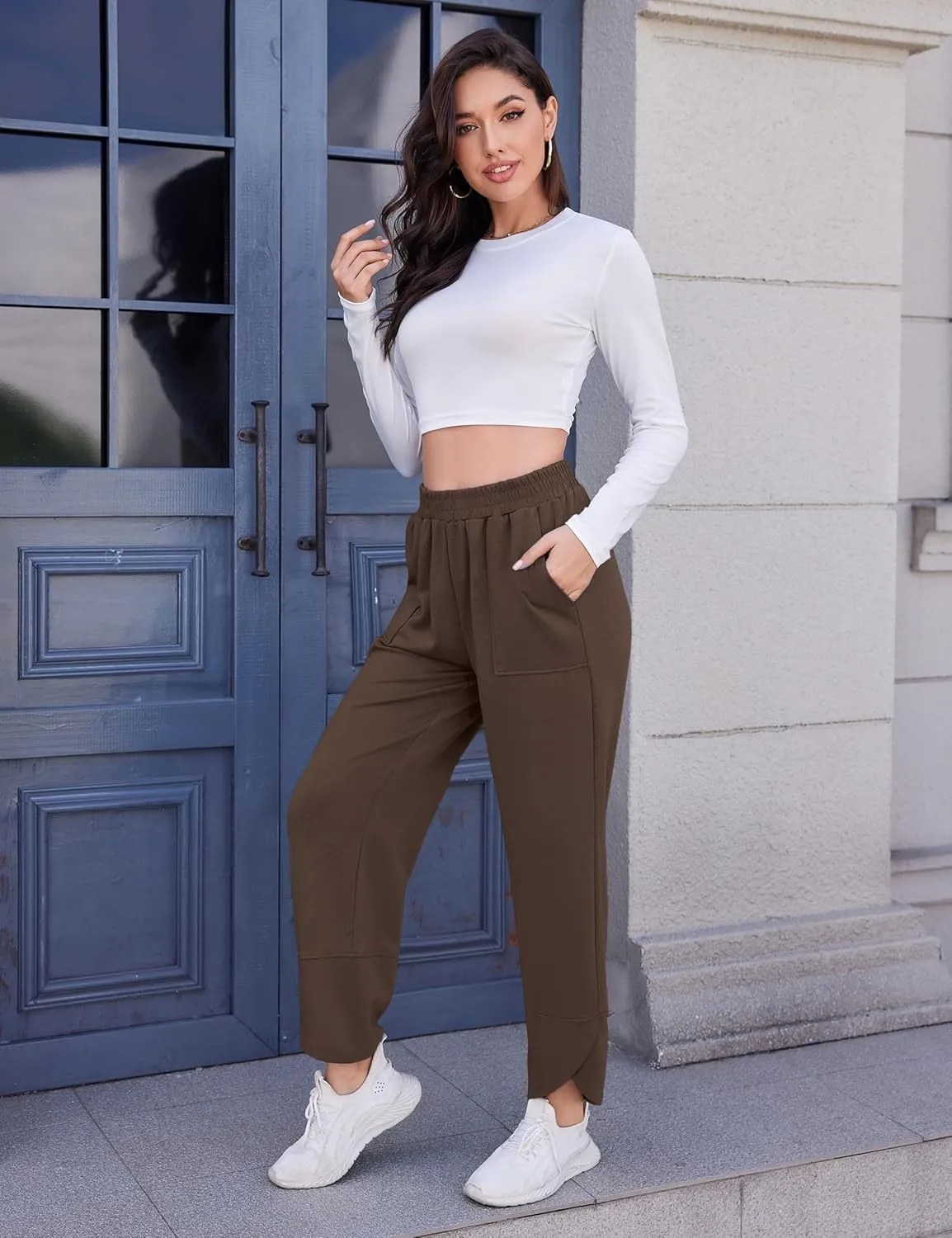 Quenteen Womens Wide Leg Pants Elastic Waisted Cropped Casual Pants with Pockets Harem Pants