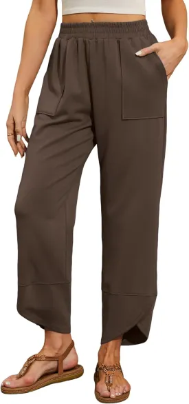 Quenteen Womens Wide Leg Pants Elastic Waisted Cropped Casual Pants with Pockets Harem Pants