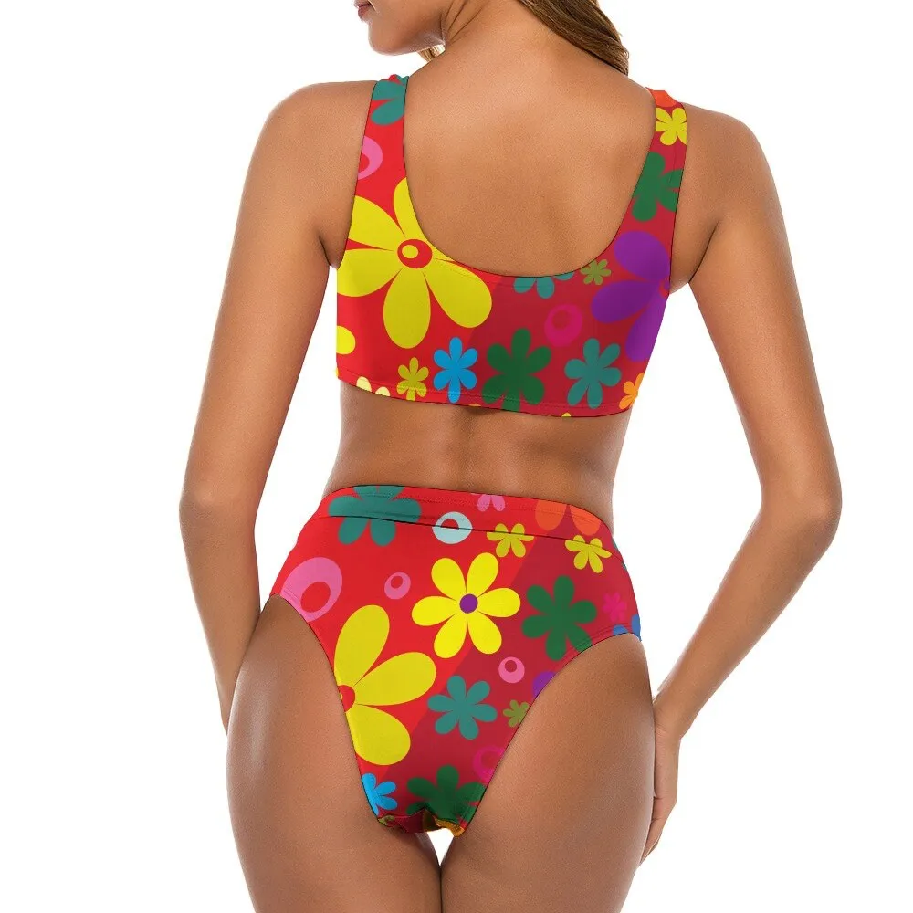 Red Floral Bikini, Mod Bikini, High waist Bikini, Retro Bikini, vintage style swimsuit, Retro Bikini,Two piece bikini set, Women's Swimsuit