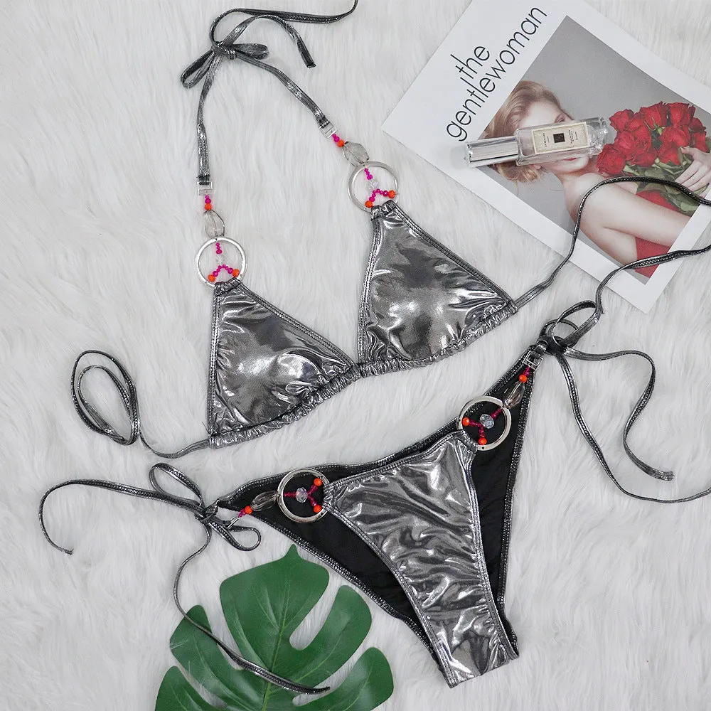 Silver Split Sexy Halter Strap Crystal Ring Bikini Swimsuit