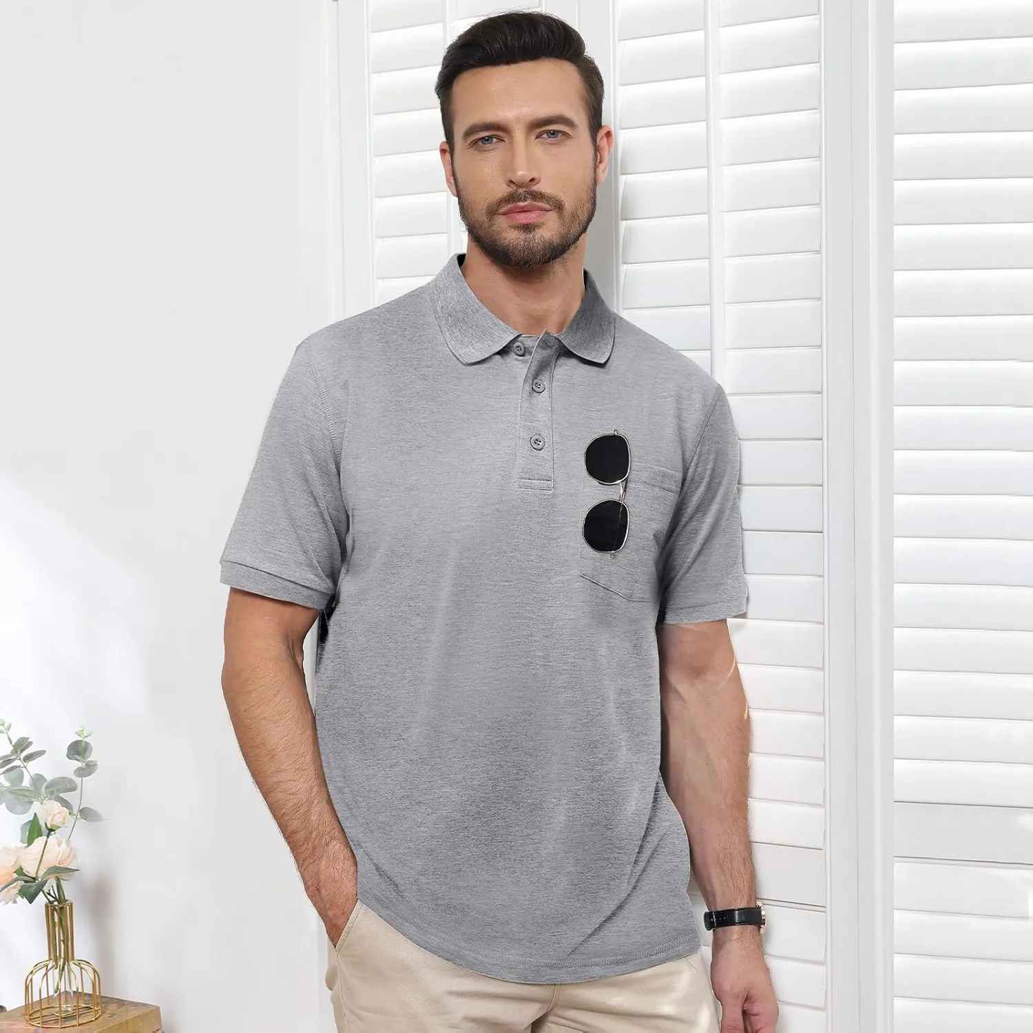 TIHEEN Men's Big & Tall Moisture Wicking Performance Golf Polo Shirt with Pocket Short Sleeve