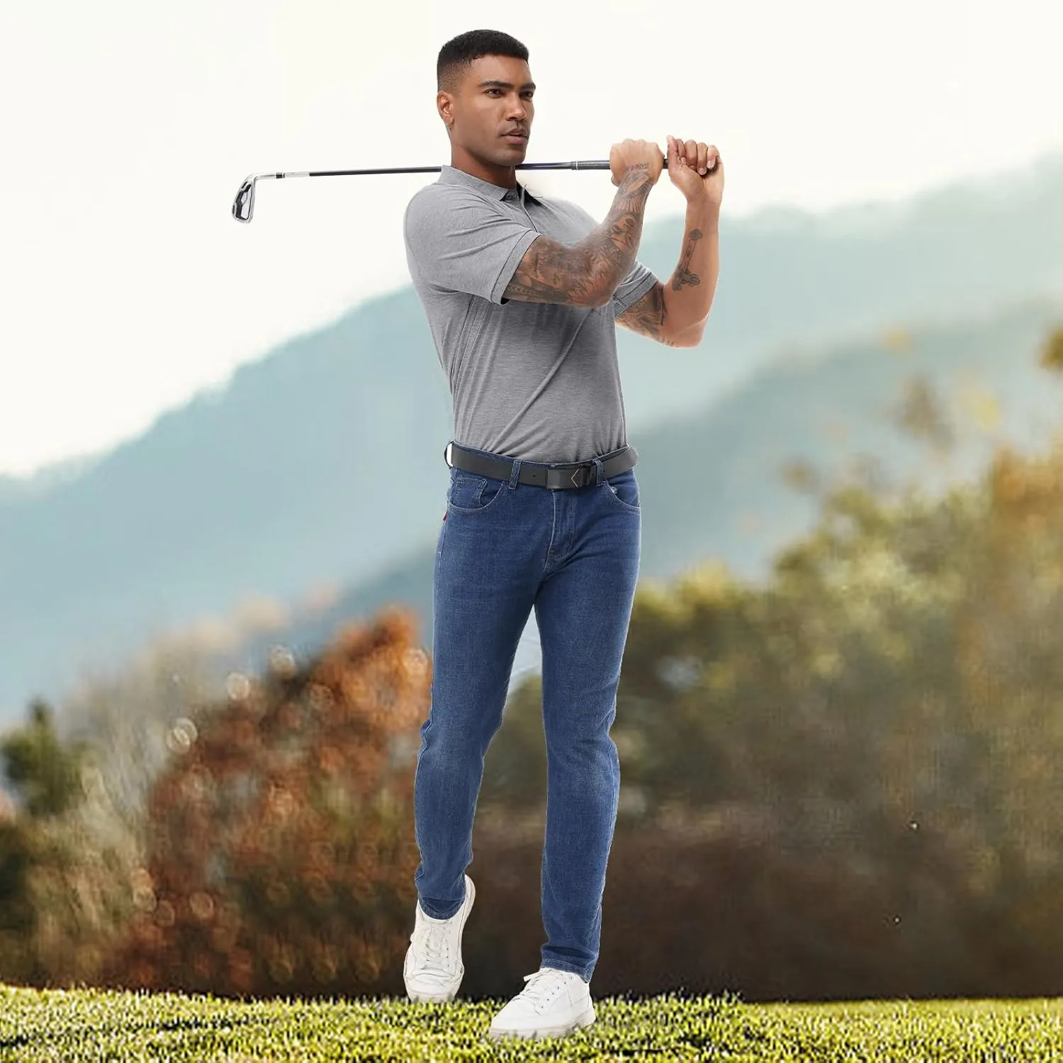 TIHEEN Men's Big & Tall Moisture Wicking Performance Golf Polo Shirt with Pocket Short Sleeve