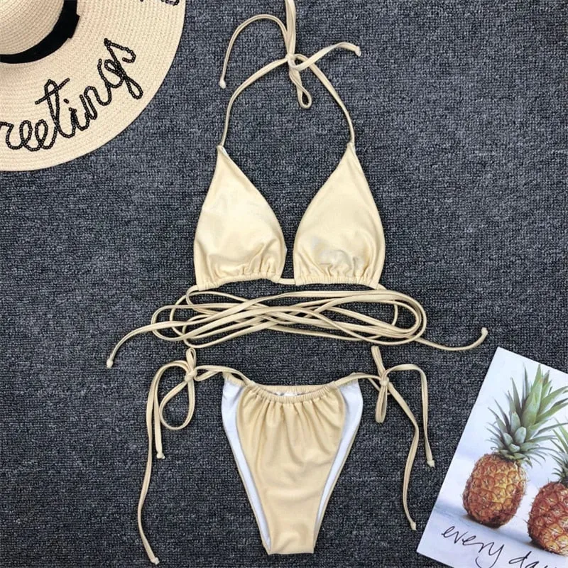 Upopby Pleated Solid Sexy Thong Bikini String Bikini Swimsuit Set
