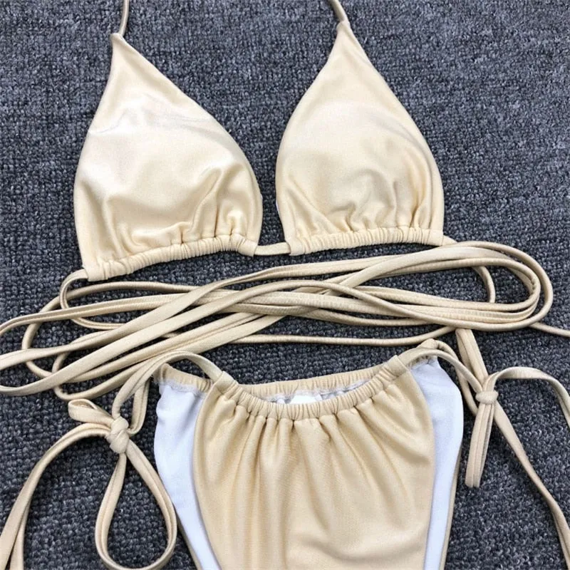 Upopby Pleated Solid Sexy Thong Bikini String Bikini Swimsuit Set