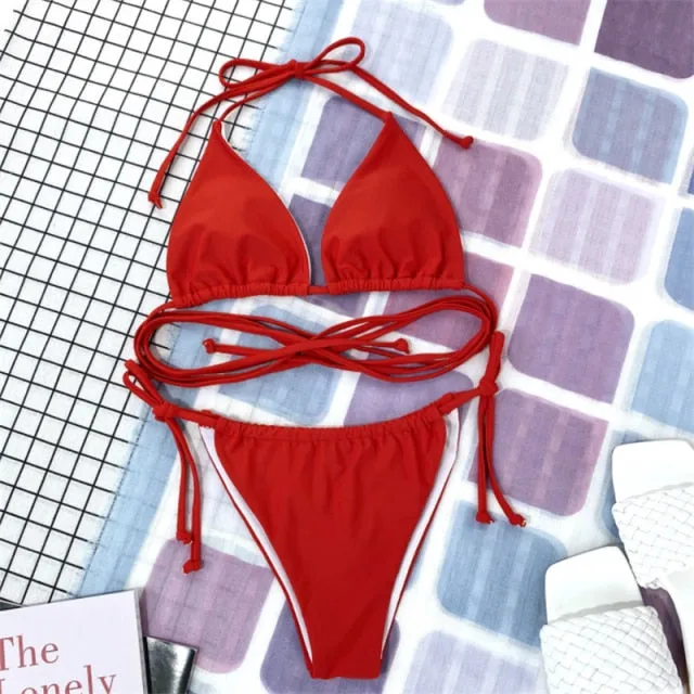 Upopby Pleated Solid Sexy Thong Bikini String Bikini Swimsuit Set