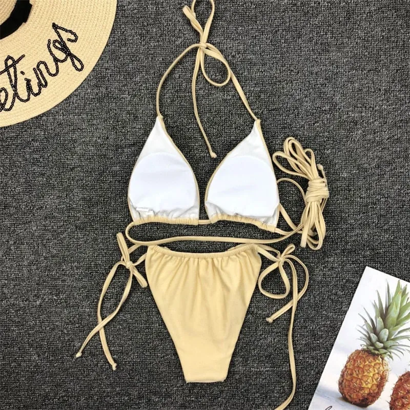 Upopby Pleated Solid Sexy Thong Bikini String Bikini Swimsuit Set