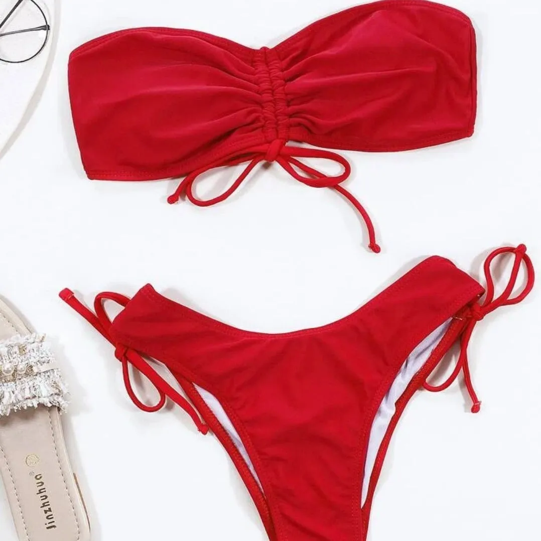 Upopby Red Solid Bandeau Bikini Micro Thong Bikini Set