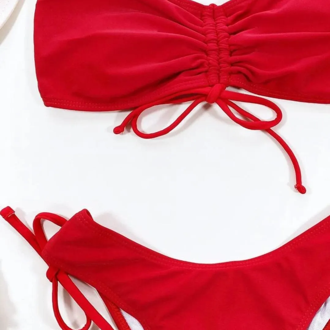 Upopby Red Solid Bandeau Bikini Micro Thong Bikini Set