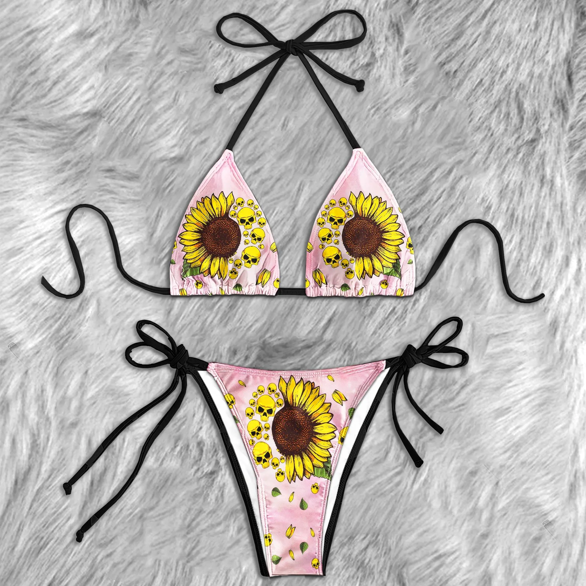 Vintage Sunflower Skull Micro Triangle Bikini Swimsuit