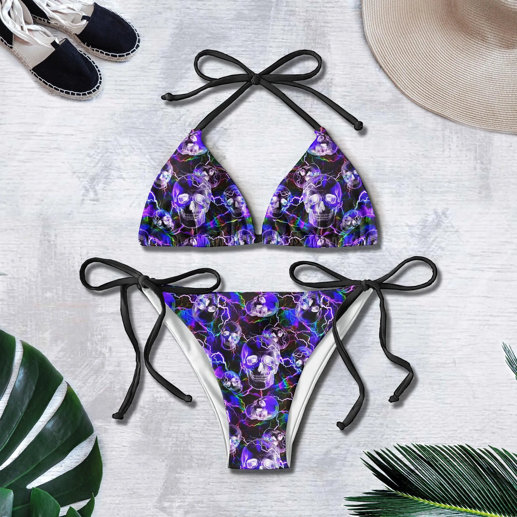 Violet Thunder Skull Pattern Micro Triangle Bikini Swimsuit