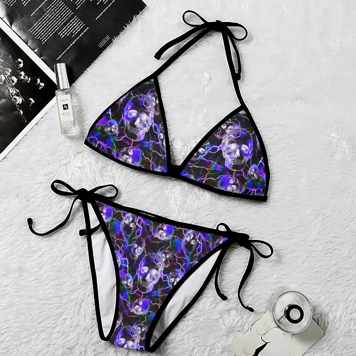 Violet Thunder Skull Pattern Micro Triangle Bikini Swimsuit
