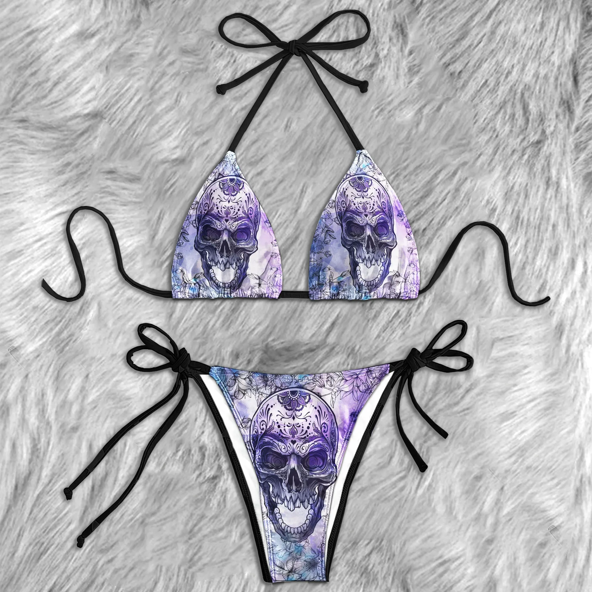 Watercolor Skull Flower Micro Triangle Bikini Swimsuit