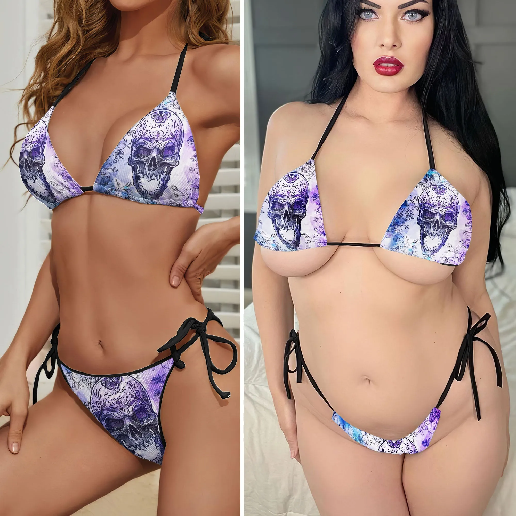 Watercolor Skull Flower Micro Triangle Bikini Swimsuit