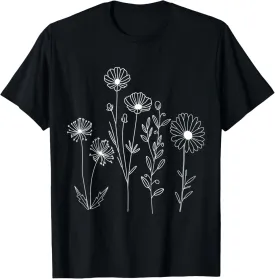 Wildflowers, Flower Line Art, Boho Aesthetic, Minimalist T-Shirt
