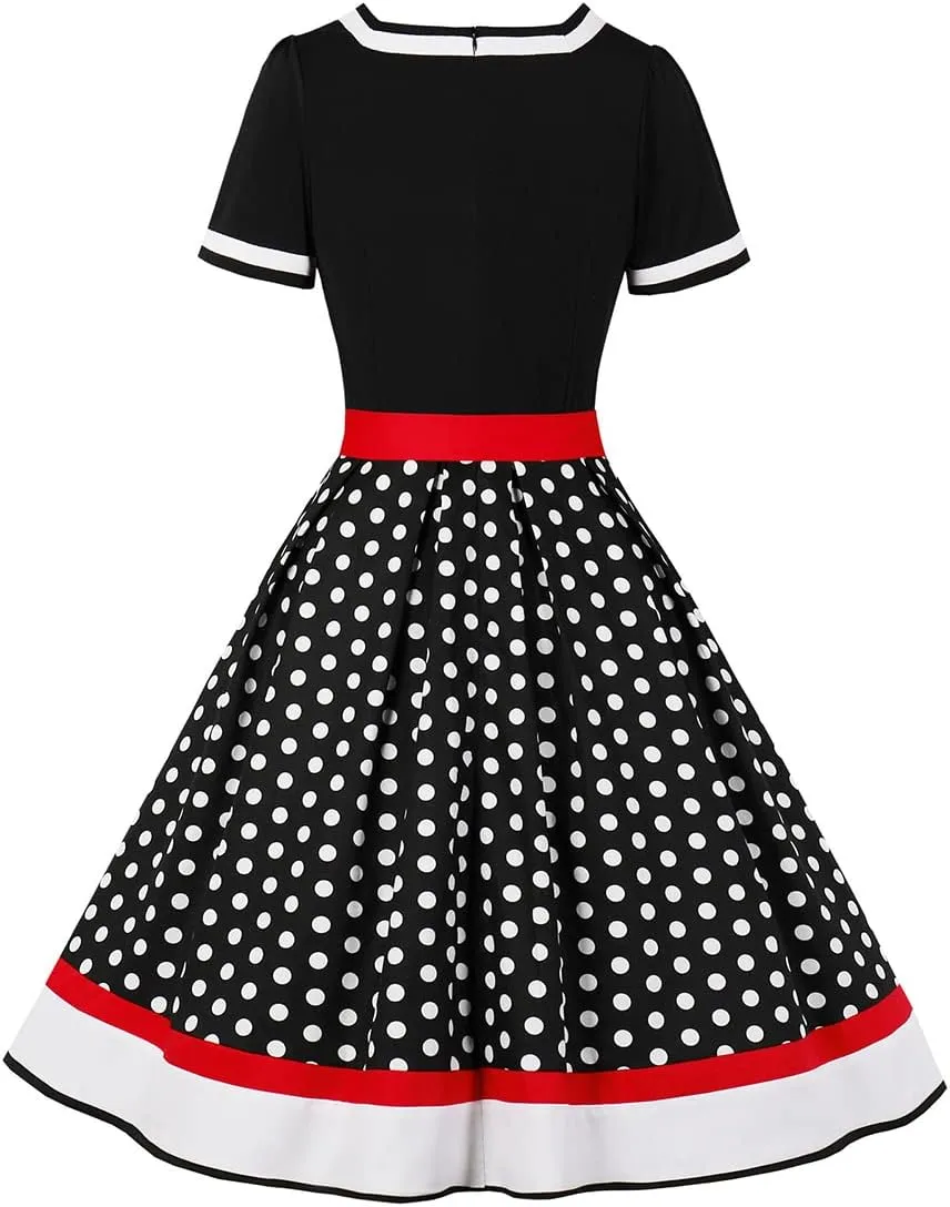 Women 1950s Vintage Short Sleeve Peter Pan Collar Retro Swing A Line Midi Summer Dress Cocktail Party Evening Prom Gown