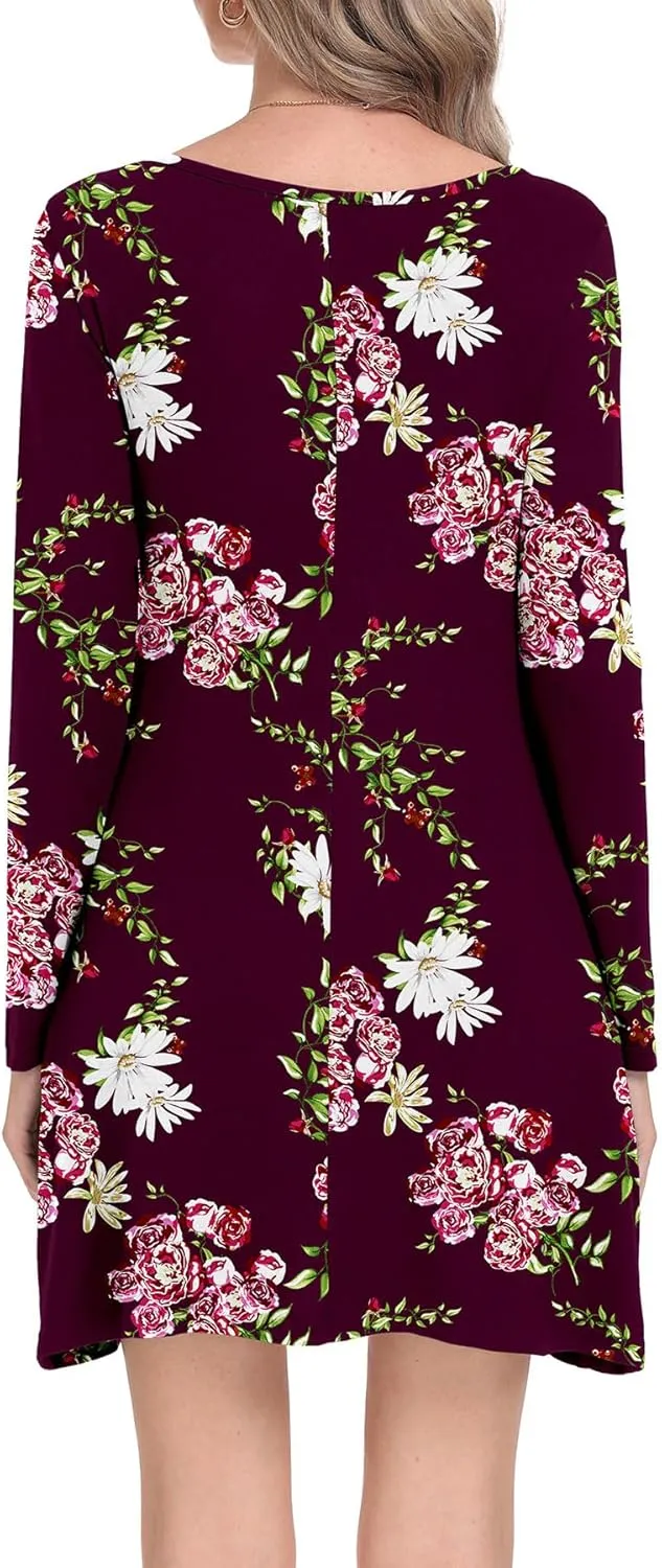 Women's Long Sleeve Pockets Casual Loose T-Shirt Dresses