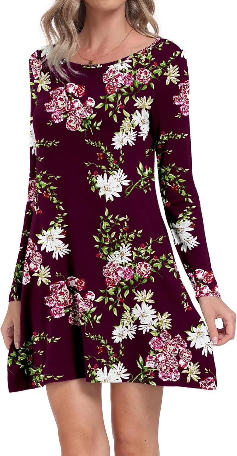 Women's Long Sleeve Pockets Casual Loose T-Shirt Dresses