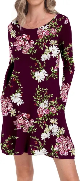 Women's Long Sleeve Pockets Casual Loose T-Shirt Dresses