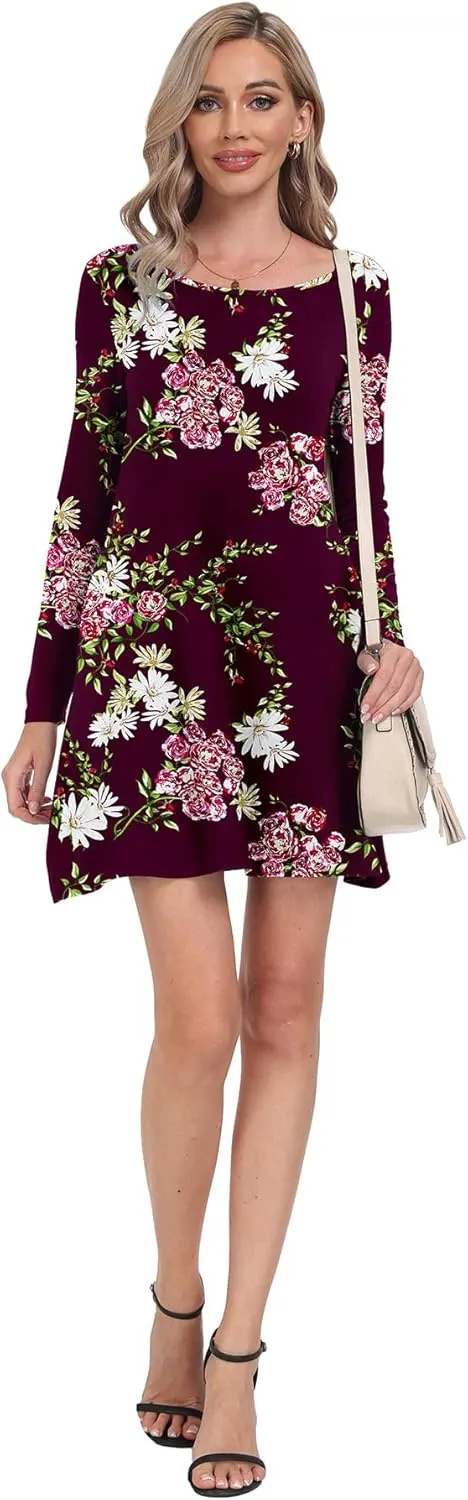 Women's Long Sleeve Pockets Casual Loose T-Shirt Dresses