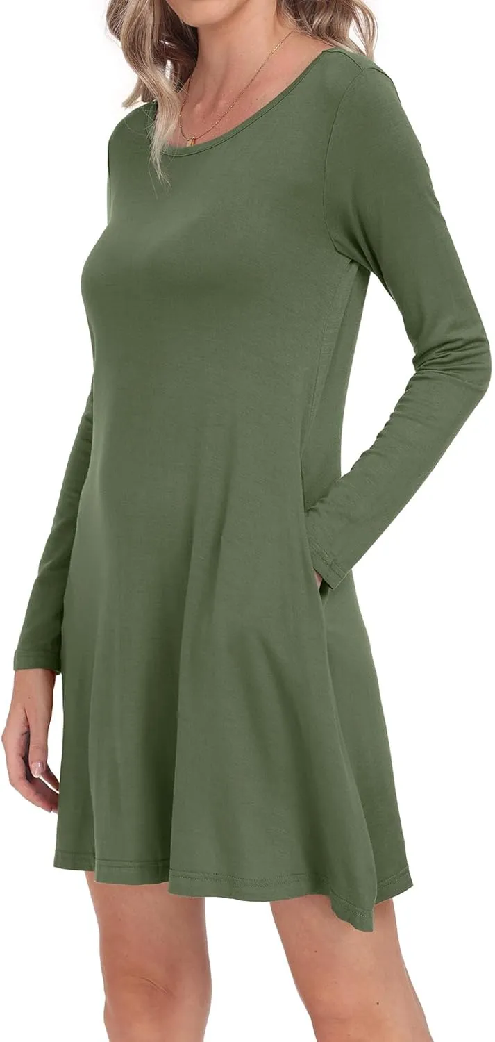 Women's Long Sleeve Pockets Casual Loose T-Shirt Dresses