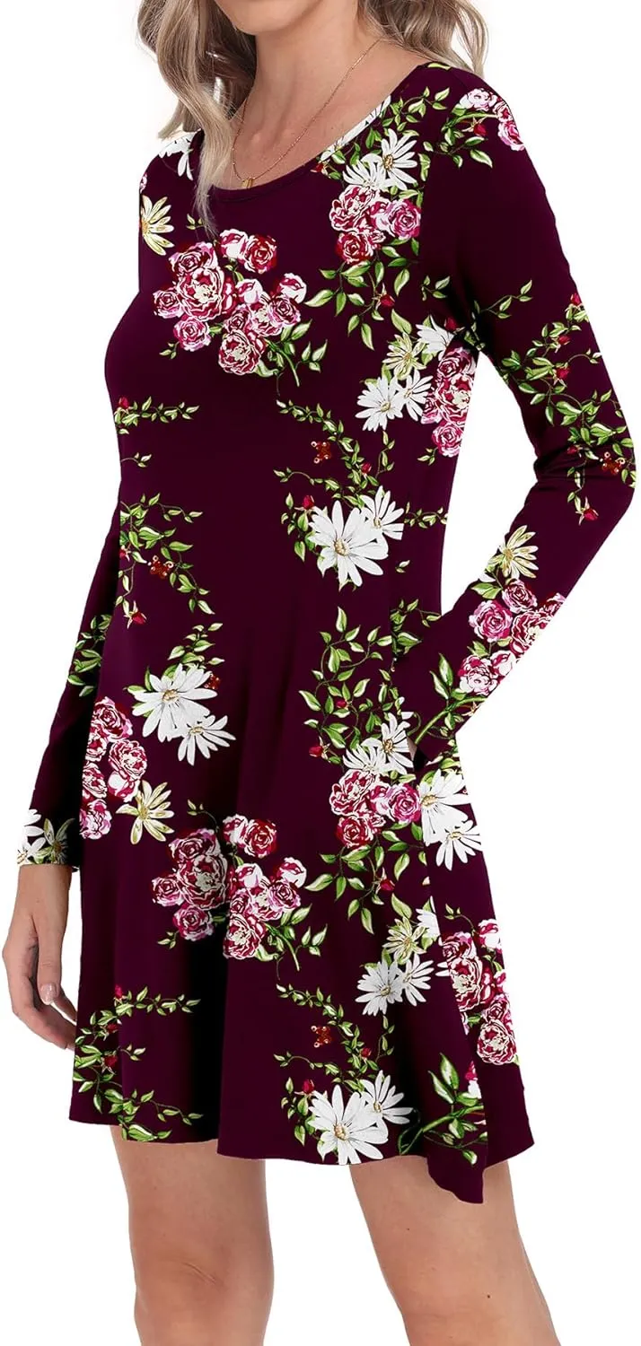Women's Long Sleeve Pockets Casual Loose T-Shirt Dresses