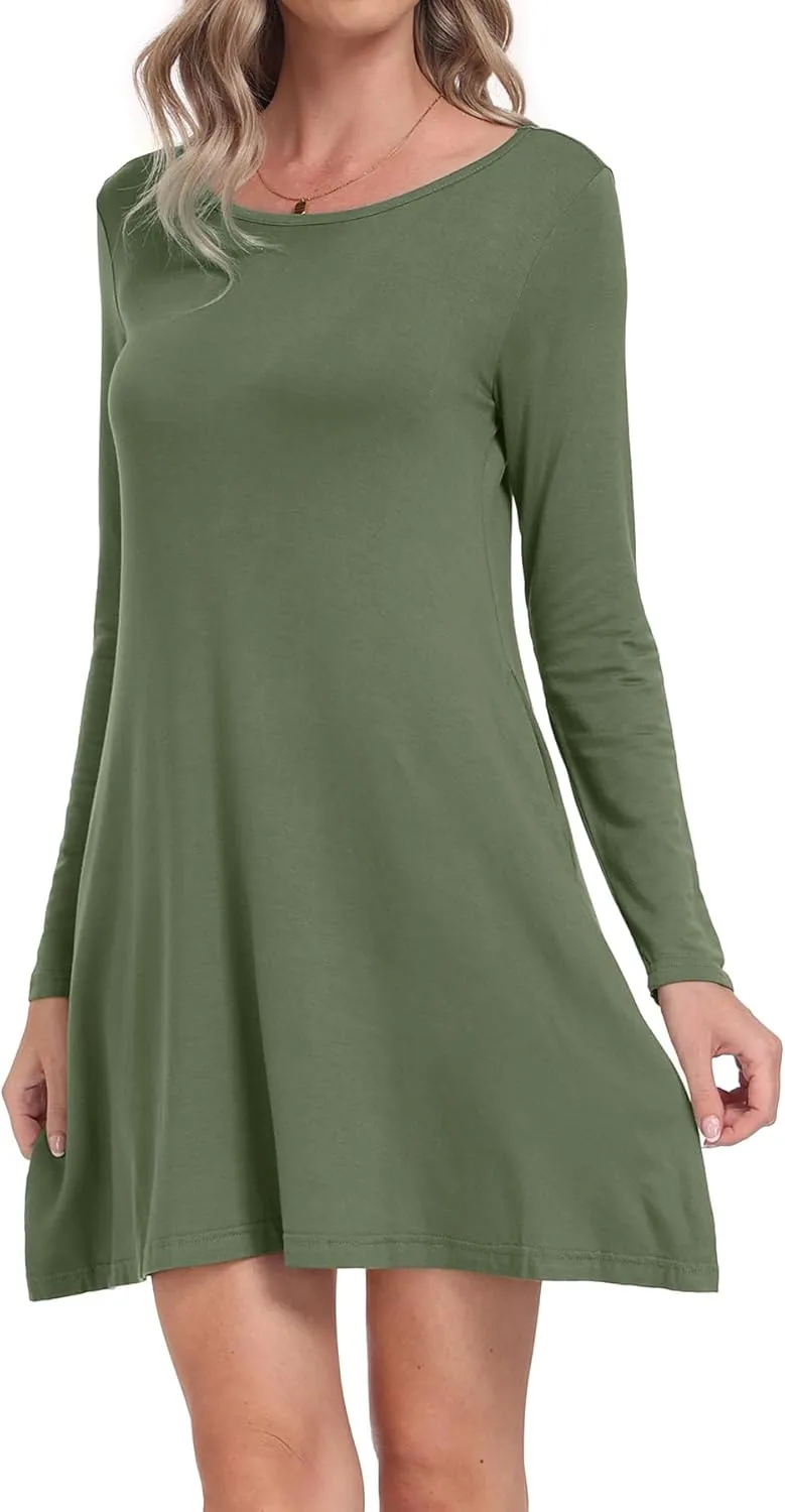 Women's Long Sleeve Pockets Casual Loose T-Shirt Dresses