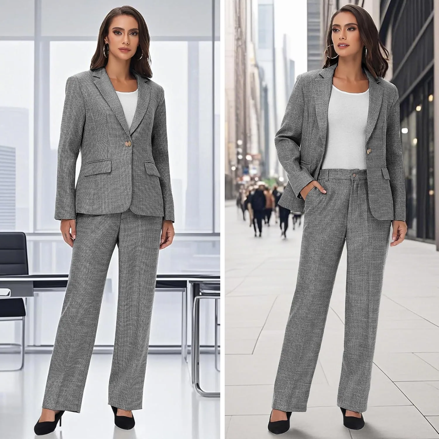 Women's Suit 2 Piece Set Business Pants Suit for Women Pinstripe Houndstooth Blazer