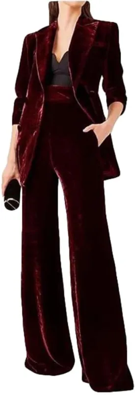 Womens Velvet Pant Suit 2 PC Double Breasted Prom Suit Peak Lapel Office Work Suit Formal Suit