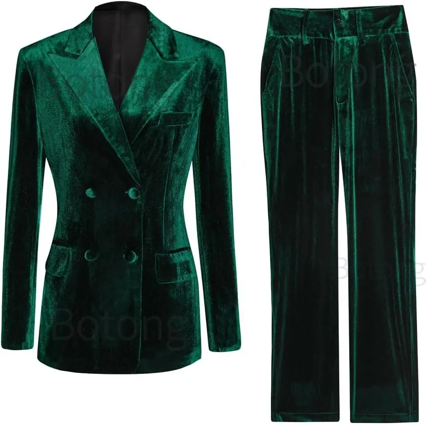 Womens Velvet Pant Suit 2 PC Double Breasted Prom Suit Peak Lapel Office Work Suit Formal Suit