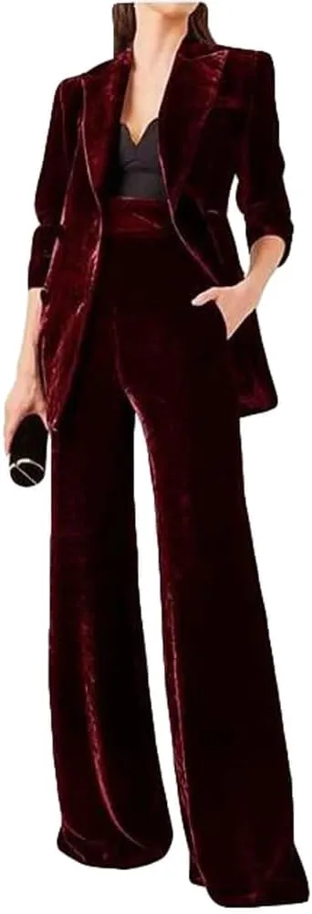 Womens Velvet Pant Suit 2 PC Double Breasted Prom Suit Peak Lapel Office Work Suit Formal Suit